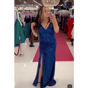 JOVANI Blue Sequin V-Neck Spaghetti Strap Front Slit High Gown Dress size 8